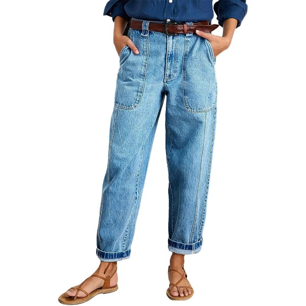 Women's Mid Rise Straight Leg Jeans Patch Pockets Roll Hem Vintage Casual